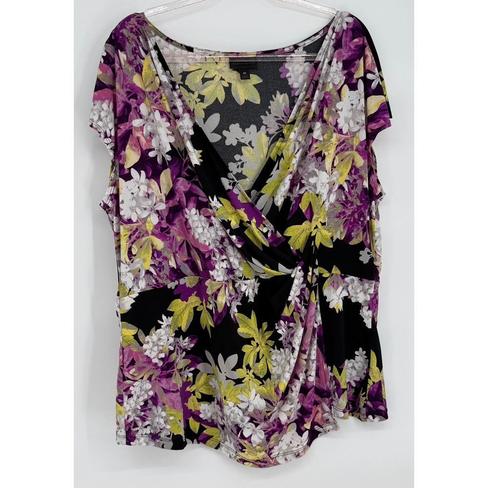 Worthington Womens Floral Faux Wrap Top Purple Yellow Short Sleeve V-Neck Sz 3X